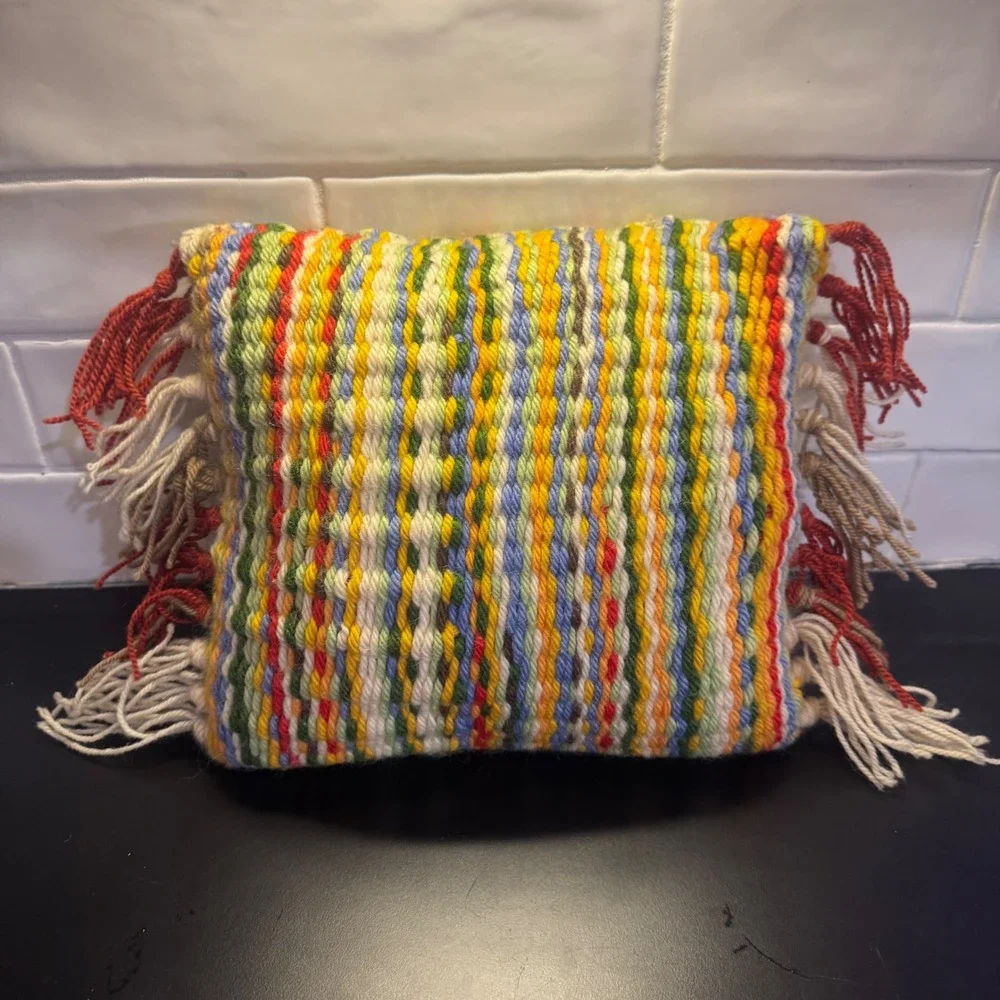 Handmade Woven Throw Pillow Small Multi-Color Striped Boho Fringe Accent